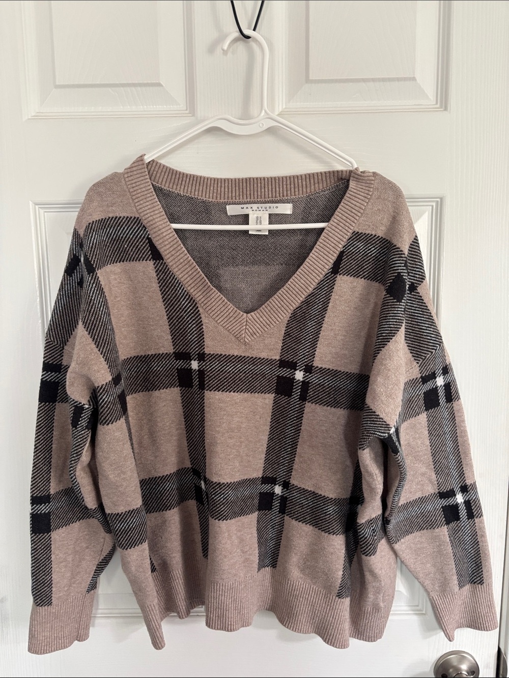 Vince Camuto Taupe and Black Plaid V-Neck Sweater